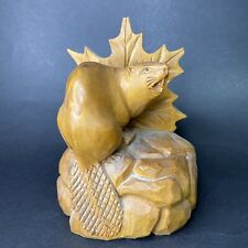 Vintage 1950s Hand-Carved Solid Wood Canada Beaver Maple Leaf Statue Figure B2 picture
