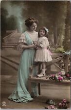 Vintage 1900s European Tinted Photo RPPC Postcard Mother & Little Girl / Roses picture