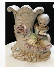Antique Case Porcelain Cornucopia Gold Girl Roses Vase 1900c E picture