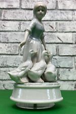 Music Box Duncan Royale Lady Woman Peasant Girl Feeding Ducks Geese Porcelain picture