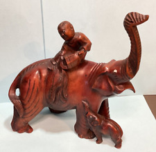 Antique Wood Carved Chinese Elephant w/ Baby & Man/Boy Washing All Glass Eyes picture