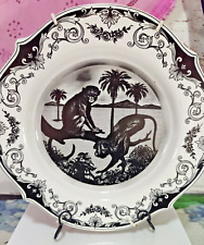 Decorative Black and White Scalloped Edged Plate with Monkeys and Palm Trees picture