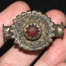 Ancient Near Eastern Islamic Silver Bead with Garnet Stone Inlay C. 12th Century picture