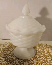 Milk Glass Diamond Quilted Lidded Wedding Pedestal Candy Dish 1960's Opaline VGC picture