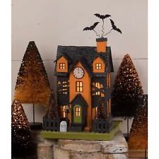 New Bethany Lowe Haunted House Black Orange With Bottle Brush Trees Halloween picture