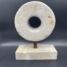 Fantastic Antique Millstone Round Ring Wheel Carved Stone 19th Century On Stand picture