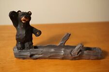 BLACK BEAR WAVING BUSINESS CARD HOLDER Faux Wood Carved Cabin Lodge Office Decor picture