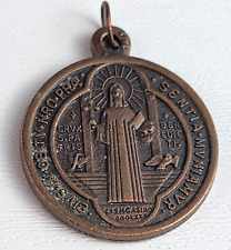 Antique Religious Bronze Jubilee Medal St. Benedict Cross Pendant Christianity picture