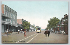 Postcard St. Petersburg, Florida Central Avenue, Trolley, Wagons A731 picture