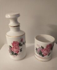 Vintage Porcelain Moss  Rose  Perfume Bottle With Cork Top + Matching Glass. picture