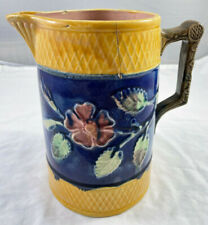 Majolica Pitcher Floral Basketweave Cobalt Blue Yellow England Dogwood Antique picture