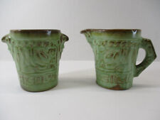 Vtg Frankoma Pottery Mayan Aztec Cream Pitcher Sugar Bowl Green & Brown 7A 7B picture