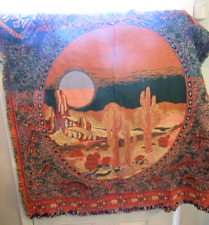 Vintage Southwestern Blanket Cactus Aztec Desert Fringe 50x54 Thick picture