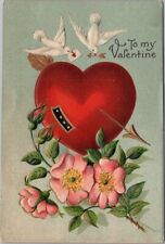 1909 VALENTINE'S DAY Greetings Postcard Two White Doves / Heart / Pink Flowers picture
