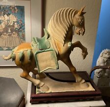 Large Vintage Chinese Tang Dynasty Glazed Ceramic War Horse & Stand 20.25” Tall picture