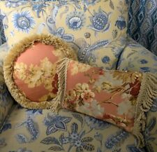 Pair Of Vintage Pink Gold Silky Throw Pillows Bullion Fringe Round Boudoir  picture