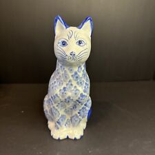 Whimsical Ceramic Cat~Hand Painted~ Blue and White~Made in Thailand picture