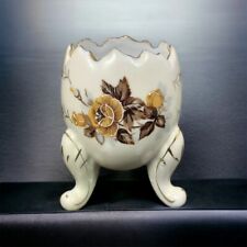 Napcoware Cracked Egg Ivory Color Vase / Planter W Brown Painted Roses Vintage picture