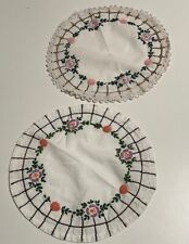 Vtg Floral Embroidered Linen 11” Round Pair Dresser Scarf Doily 1 Crochet Edge picture