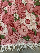 Vintage MCM Retro Floral Cloth Tablecloth With Fringe 89x55 inches. picture