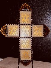 Vintage Robert M Weiss Ornate Reverse Painted Glass Cross 21.5”x17.75” picture