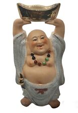 Chinese Laughing Buddha Holding Gold Color Ingot Over Head Figurine Vintage 8.5” picture