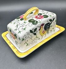 Early Provincial Rooster Roses Ucago Cheese Butter Dish Lid Hand Painted READ picture