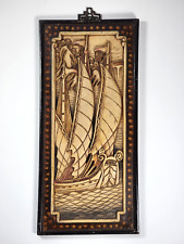 Vintage or Antique Chinese Carved Wood Panel Relief, 3-Masted Ship at Full Sail picture