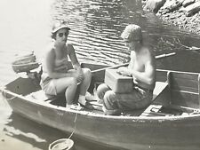 ZE Photograph Older Couple Man Woman Fishing From Rowboat Tackle Box 1950's picture