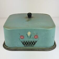 Vtg Carlton Square Cake Saver Keeper Cover Teal Blue Floral Metal Mid Century picture
