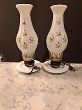 Vintage Pair Milk Glass White Lamps with Pink Flowers Floral Glass Excellent... picture