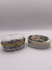 Lot of 2 Vintage Porcelain Top Painted Hinged Trinket Pill Boxes Stash Box picture