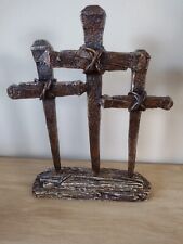 3 Nail Crosses Metal Style standing Religious Faith Jesus Rustic Finish Brown  picture