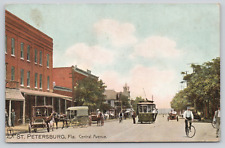 Postcard St. Petersburg, Florida 1909 Central Avenue, Bike, Trolley, Tuck's A732 picture
