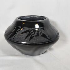 Adakai Signed Navajo Indian Black Gloss & Matte Design Carved Pottery Vase Bowl picture