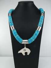 Vintage Native American Blue Turquoise Bear Heishi Necklace Sterling Silver picture