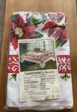 Vintage Christmas Linen Tablecloth 52x52 Yule Needle Point Design Poinsettia picture