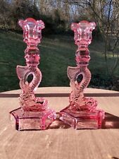 Pair Vintage Cranberry/Pink Dolphin Koi Candle Stick Holders picture