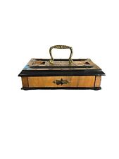 Antique Wooden Double Ink Well Holder Desk W/ Drawer Brass Scroll Accents picture