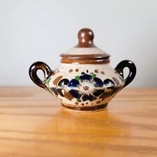 Vintage TONALA Mexican Pottery Trinket Dish Lid Sugar Dish w/Handles Flowers 3