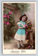 c1908 RPPC Young French Girl Flowers Hand Colored EPR Real Photo Postcard picture