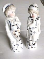 2 Vintage/Antique Hand Painted Blue And Gold Boy & Girl Porcelain Figurines 7.5” picture