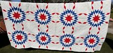 ANTIQUE (1975) STAR PATTERN QUILT over-sized King 116”x87”~RED, WHITE, BLUE New picture