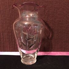 vintage clear ruffled vase with etched pink flowers     j picture