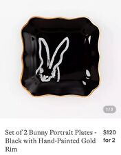 Hunt Slonem Set of 5 Bunny Portrait Plates - Black with Hand-Painted Gold Rim picture