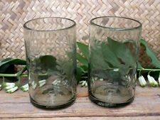 Set of 2 Highball Pale Green Glasses Handblown Etched Plants Mexican Folk Art picture