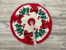 Vintage Tree Skirt Latch Hook Complete Handmade Red / Green Bows Holly 32” Round picture