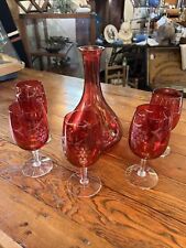 Vintage Cranberry Glass Decanter Set 5 Wine Glasses Bohemian Etched 9