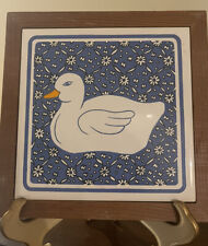 VTG Julie Pomerantz Collectible Tile Trivet Blue White Duck Wood Frame 7 1/8