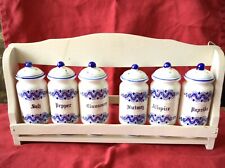 Vintage Wooden Spice Rack with 6 Blue And White Ceramic Spice Jars: Blue Onion? picture